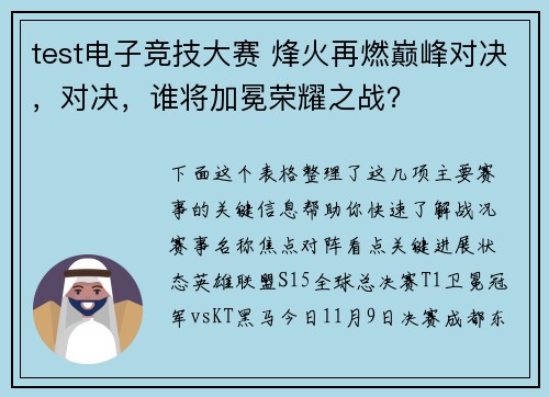 test电子竞技大赛 烽火再燃巅峰对决，对决，谁将加冕荣耀之战？